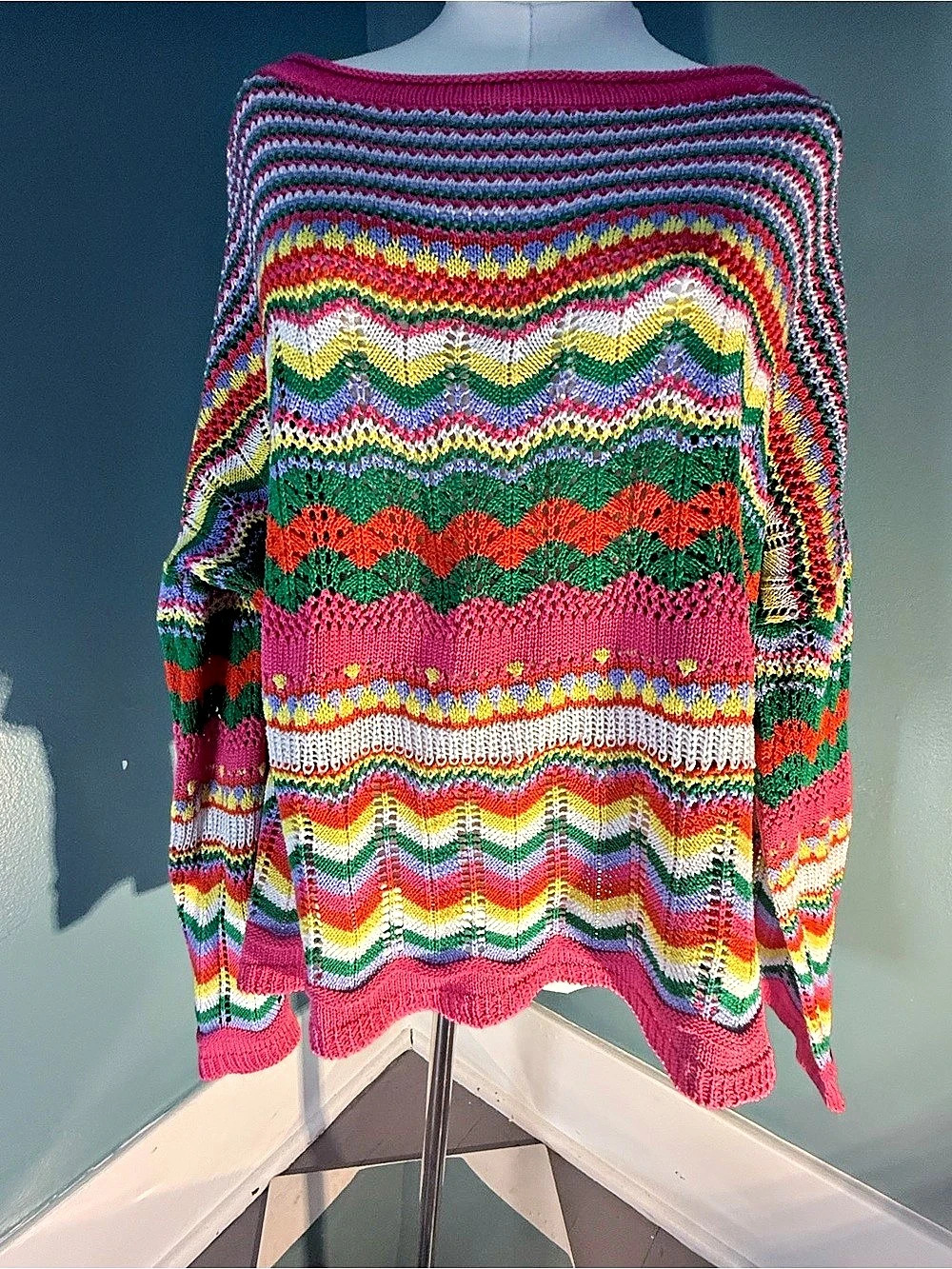 Womens Fits XL-3X Rainbow Crochet Knit Sweater Boho Bell Sleeve Oversized